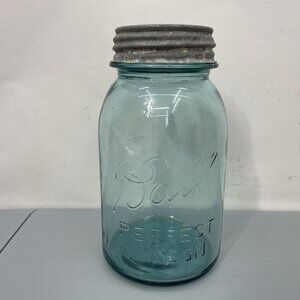 Vintage #13 Blue Ball Perfect Mason Quart Jar 1923-1933 Zinc Milk Glass Lid